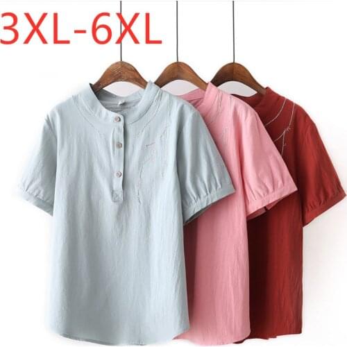 New 2021 Ladies Summer Plus Size Tops For Women Large Short Sleeve Loose Cotton Linen Embroidery Green T-shirt 3XL 4XL 5XL 6XL