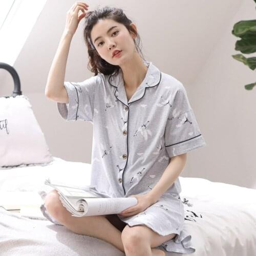 Summer New Style Ladies Short-Sleeved Cardigan Nightdress Fashion Pure Cotton Pajamas Comfortable And Cute Fresh Home Service