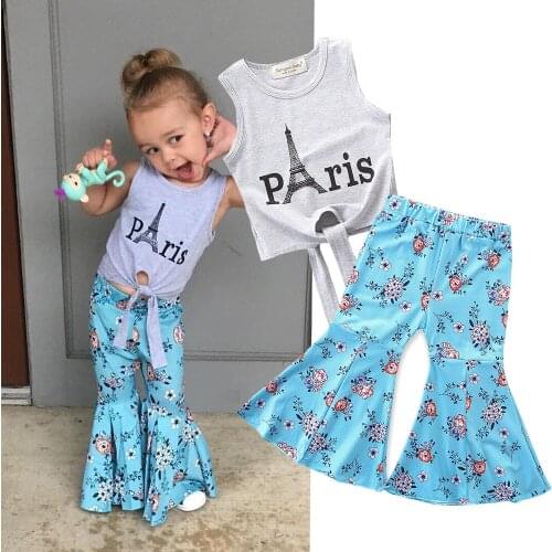 1-6Y Toddler Kids Baby Girls Clothes Sets Gray Vest Tops T-shirt Floral Long Boot Cut Pant Outfits Set Fashion Children Clothing