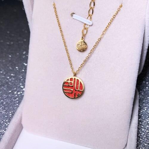 YUN RUO Yellow Gold Color Chinese Word Blessing Pendant Necklace Set 316 L Titanium Steel Woman Jewelry Birthday Gift Never Fade