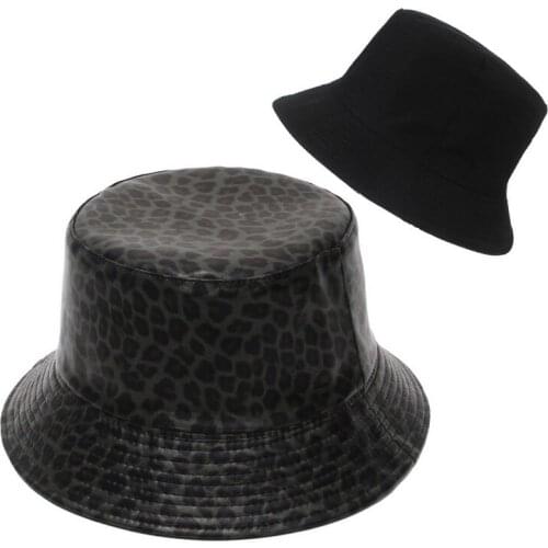 New Adult Women Casual PU Bucket Hat Leopard Printing Fishing Cap Outdoor Travel Cap