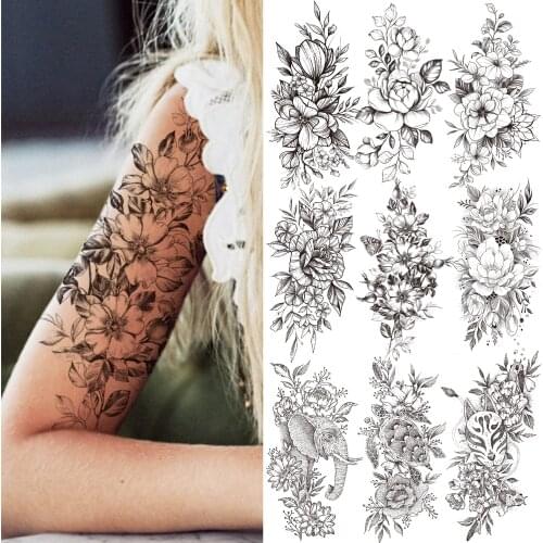 Sexy Lily Flower Temporary Tattoo For Women Girls Adult Black Elephant Rose Tattoos Sticker Fake Orchid Daffodil Tatoos Paper