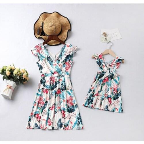 Mother Daughter Flower Short Dress Girl and Women Blue Dress Mommy and Me Clothes Mum Mom Baby Family Matching Clothes Outfits
