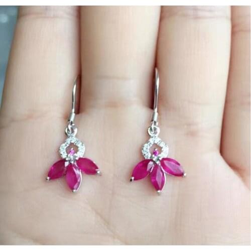 Natural Ruby stud earring Free shipping Jewelry Natural real Ruby 925 silver Gem size 3*6mm 3pcs