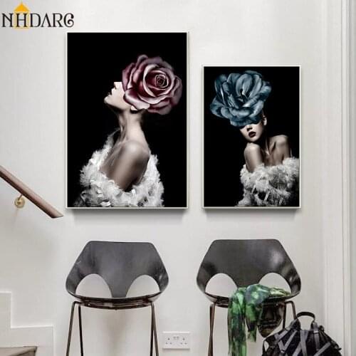 Modern Vogue Posters And Prints Black White Girl Flower Wall Art Canvas Painting Pictures For Living Room Home Decoration Cuadro