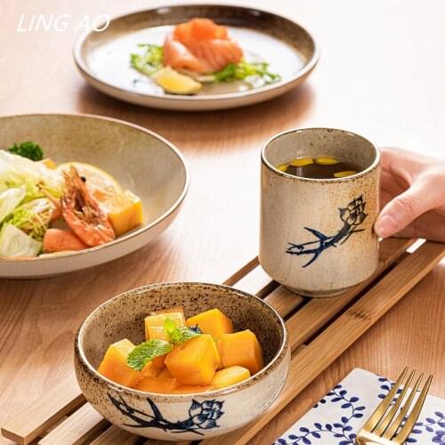 LingAo Japanese vintage pottery and creative noodle soup bowl and plate set