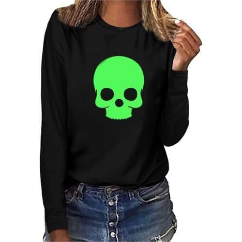 Horror Womens T shirt Halloween Night Fluorescent Green Long Sleeve O-Neck Luminous Skull Print Black Woman T-shirts Tops G4