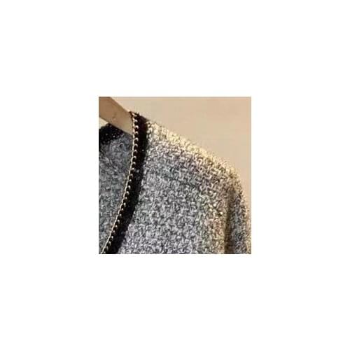 Women Knit Sweater Cardigan Sequins V Neck Single Breasted Long Sleeve Loose Ladies Chain Decoration Coat with Pockets
