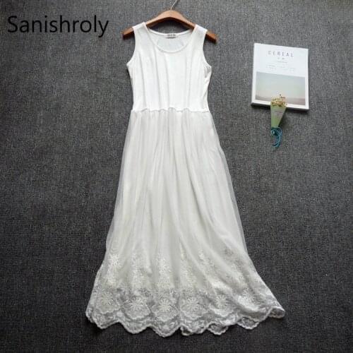 Sanishroly 2018 Summer Long Tank Dress Women Floral Embroidery Mesh Dresses Female Spaghetti Strap Gauze Lace Dress Vestido S072