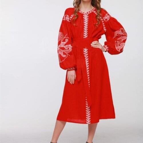 DUISNENA long boho red dress cotton linen spring/autumn women dresses floral Embroidery robe vintage casual vestidos