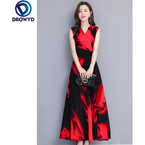 2021 Summer Beach Red Print Maxi Dress for Women Fashion Casual V-Neck Sleeveless Female Elegant Chiffon Party Dresses Vestidos