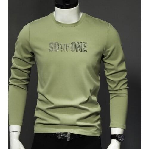 Men T-Shirt Autumn Winter Fleece Warm Tshirt Fashion Rhinestones Printed Long Sleeve Tops
