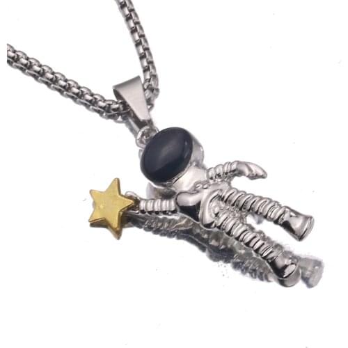 Hip Hop Astronaut Pendant Necklace Galaxy Universe Spaceman Meditation Trinket Retro Stainless Steel Chain Men Necklace