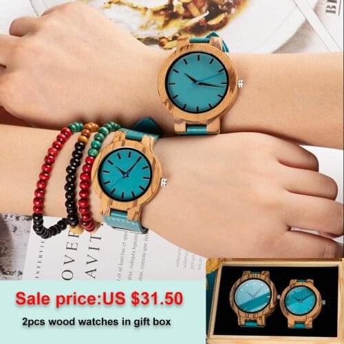 BOBO BIRD Couple Watch Wood Watch Men Ladies Wristwatch Turquoise Blue Christmas Gift Lovers Anniversary Gifts in Wooden Box