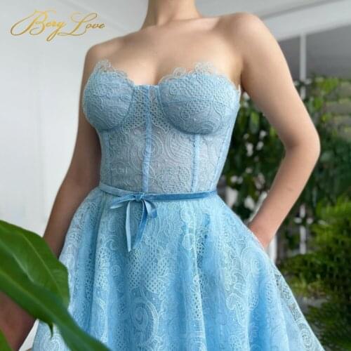 A Line Sky Blue Lace Long Evening Dresses Elegant Formal Party Dress Sweetheart Spaghetti Straps Bow Tie Applique Prom Gown