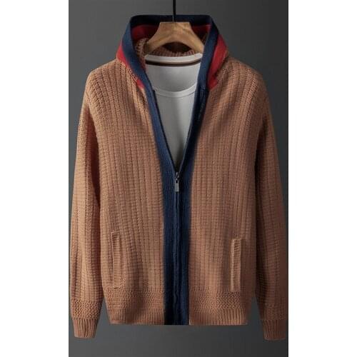 Brown Mens Autumn Jacket Patchwork Hooded Cardigan Zipper SweaterCoats Men Casual Knitwear Plus Size M-4XL Winter Casaca Hombre
