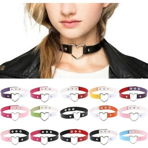 Women Men Fashion Cool Punk Goth Rivet Heart-Shape Leather Collar Choker Necklace Jewelry Accessories