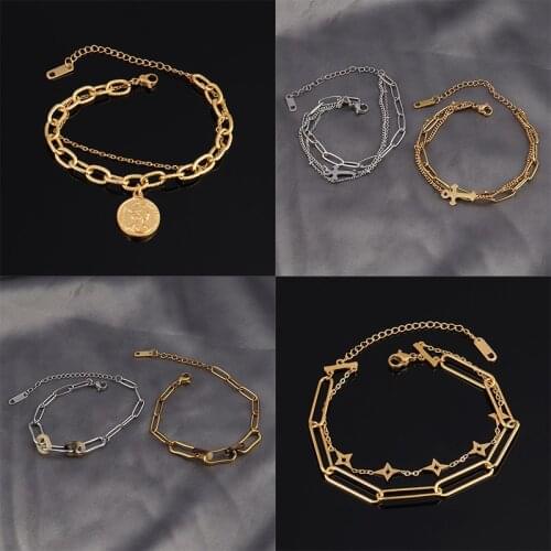 Multi Layer Bracelets Punk Stainless Steel Bracelet For Women coin Pendant Thick Chain Charm bracelets Party Jewelry Gift friend