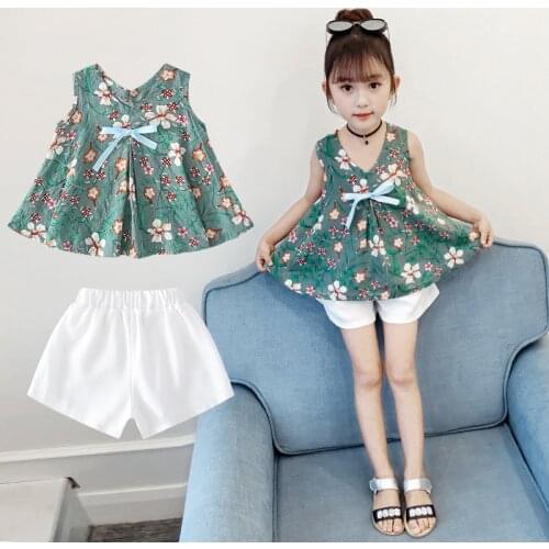 Fashion Kids Clothes Summer Sleeveless Floral Vest & White Shorts 2Pcs Sets Korean Baby Girls Clothing Cute Children Outfits