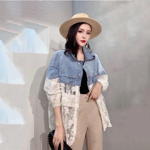 Fashion Summer Long Sleeve Large Size Jeans Jackets Womens Coat Loose Lace Stitching Perspective top Jacket Ladies denim coat