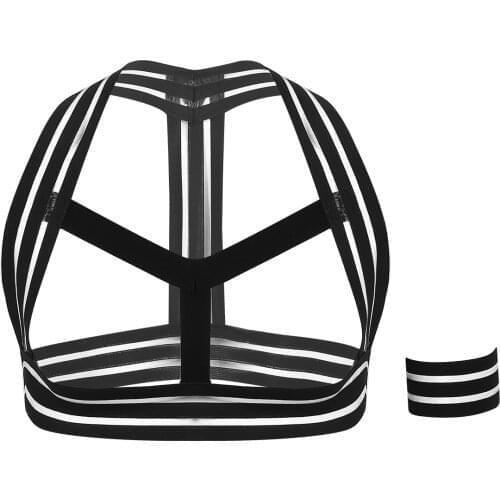 Mens Halter Elastic Striped Shoulder Chest Muscle Harness Belts with Armband Male Gay Role Play Fancy Party Rave Sexy Clubwear