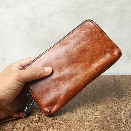 Simple casual mens first layer cowhide mobile phone clutch bag retro fashion real leather daily party credit card long wallet