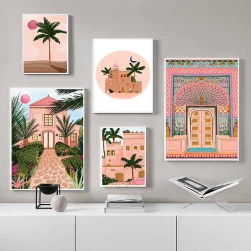 Wall art canvas poster pink lotus door palm architecture moon print nordic decoration picture painting modern islam decoration