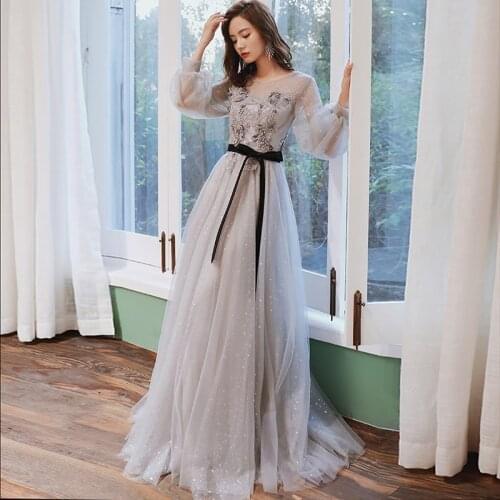 Full Sleeves Evening Dresses Embroidery O-Neck Plus size A-line Floor-length Simple Bling Elegant Woman Formal Party Dress A263