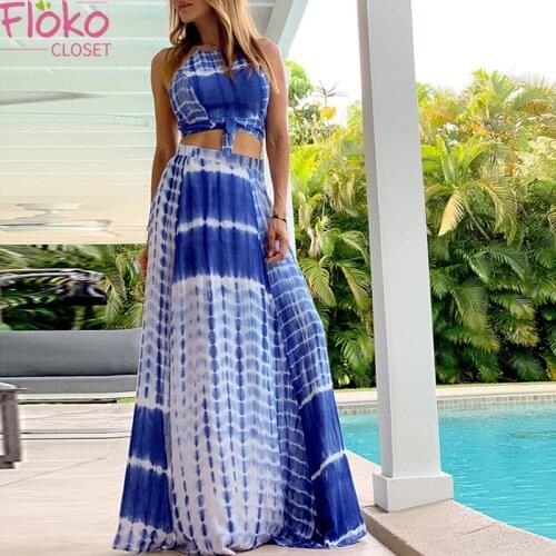 Flokocloset Casual Print Two Piece Dress Suits Summer Backless Criss-Cross Halter Crop Top and High Waist Skirts Set