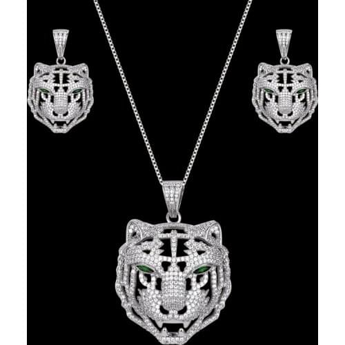 Zlxgirl jewelry Classic Mens jet Enamel tiger animal pendant with earring jewelry sets full zirconia wedding bridal bijoux VAZ