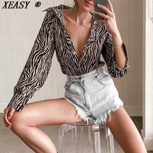 XEASY 2021 Women Fashion Zebra Print Blouses Vintage Long Sleeve Button-Up Female High Street Shirts Chic Tops