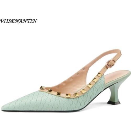 Rivet stiletto sandals women 2021 summer pointed v-mouth fashion blue green fish pattern leather high-heeled sandals