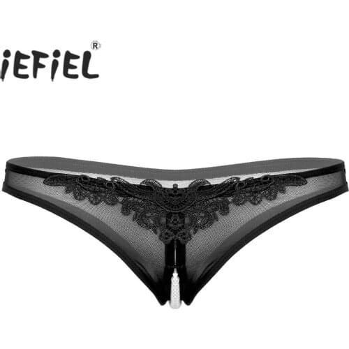 Womens See Through Mesh Crotchless Briefs Low Waist Exotic Panties With Pearls G-string Stretchy Underwear For Lingerie Party