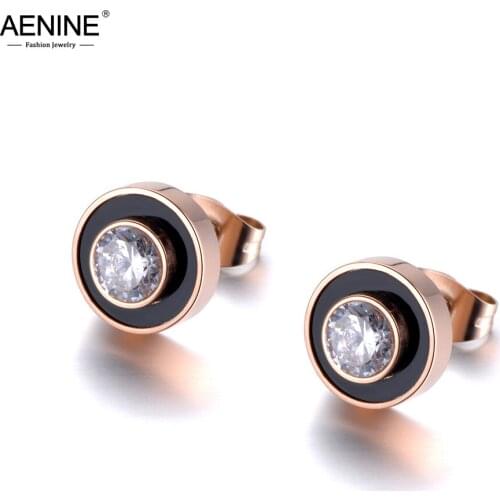 AENINE Trendy Black Acrylic Zircon Crystal Stud Earrings For Women Rose Gold Stainless Steel Ear Jewelry Accessories AE19001