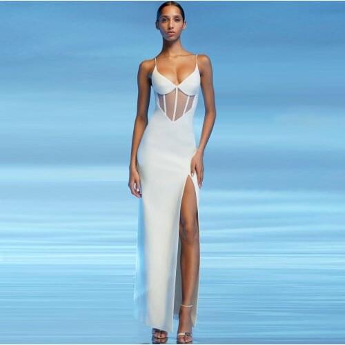 Elegant Dress White Spaghetti Strap V Neck Celebrity Evening Party Dresses See through Long Women Bandage Dress Wedding Vestidos