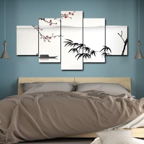 Laeacco 5 Canvas Panel Painting Calligraphy Chinese Style Landscape Poster Print Living Room Bedroom Home Decor Wall Art Picture
