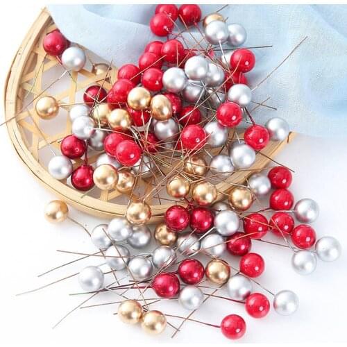 50pcs/lot artificial flower mini fake plastic berry red cherry pearlescent stamen wedding Christmas decoration DIY handmade