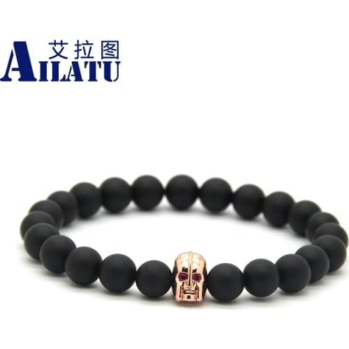 Ailatu 8mm Matte Stone Beads with Micro Inlay Zircom Spartan Helmet Bracelet for Powerful Man Pulseira Hombres
