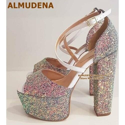 ALMUDENA Bling Bling Sequined Chunky Heel Sandals High Platform Open Toe Patchwork Dress Pumps Cross Strap Buckle Wedding Heels