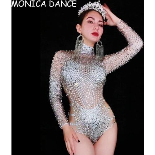 Sparkly Stage Rhinestones Long Sleeve Bodysuit Nightclub Singer Dancer Stage Performance Dance Costume Party Birthday Outfit