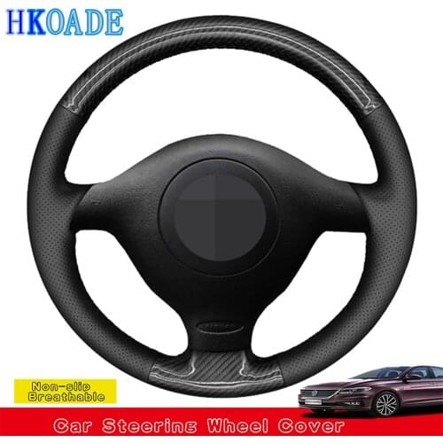 DIY Black Genuine Leather Car Steering Wheel Cover For Volkswagen VW Golf 4 (IV) Passat B5 Polo Bora Sharan Skoda Fabia 1 (6Y)