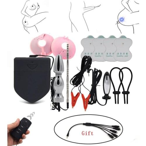 Electric Shock E-Stim Penis Rings Massage Pad Nipple Clamps Anal Plug Catheter Electro Shock Sex Toy Accesorries Set For Couples