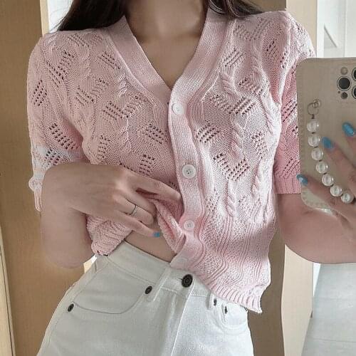 Knitted Tshirts Women Clothing 2021 Summer Thin Hollow Out Casual O-Neck Short Sleeve Loose Cardigan All Match Tee Shrit Femme