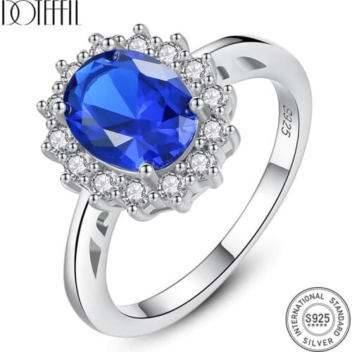 DOTEFFIL Princess Diana William Kate Gemstone Rings Sapphire Blue Wedding Engagement 925 Sterling Silver Finger Ring for Women