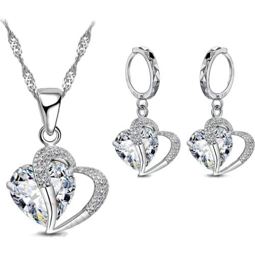 Genuine 925 Sterling Silver Fashion Jewelry Set Sweet Heart Shape Clear Crystal Earring/Necklace/pendant Set for Women
