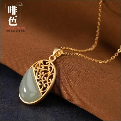 Brown Ornament Natural Hetian Gray Jade Ethnic Retro Style Hollow Oval Silver Womens Short Clavicle Pendant Fine Necklace