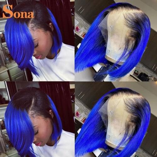 Short Bob Lace Front Wig Pre plucked 13x6 Ombre Blue Human Hair Wigs 180% Brazilian Remy Straight Transparent Lace Frontal Wig