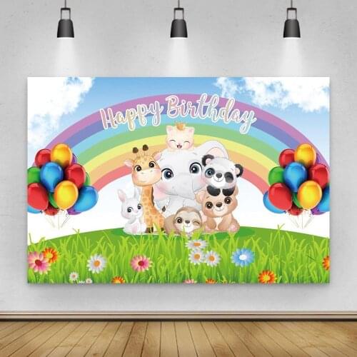 Cartoon Animals Panda Tiger Elephant On Green Grass Photo Background Kids Birthday Rainbow Balloons Flowers Backdrop Photography
