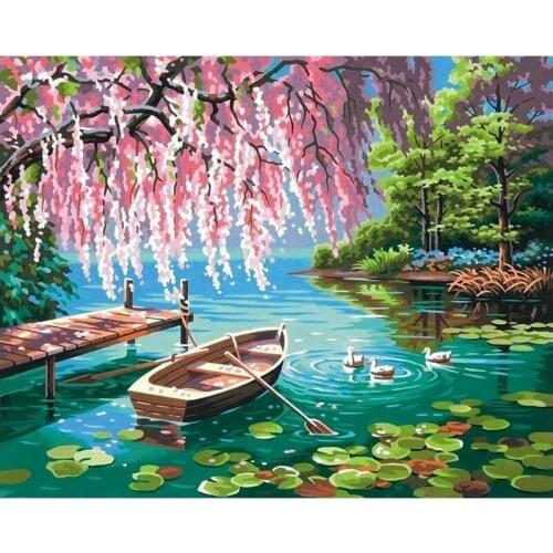 CHENISTORY Paint By Number Lakeside Boat Drawing On Canvas DIY Pictures By Numbers Spring Scenery Kits Painting Home Decor