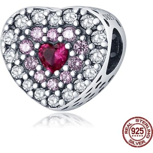 Genuine 925 Sterling Silver Zircon Red Peach Heart Beads Fit Original 3mm Bracelet&Bangle Making Fashion DIY Jewelry For Women